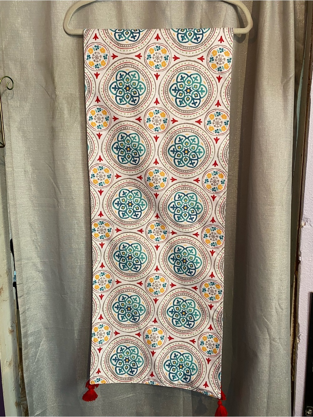 Boho food network Medallion table runner reversible in Teal, Yellow & Red